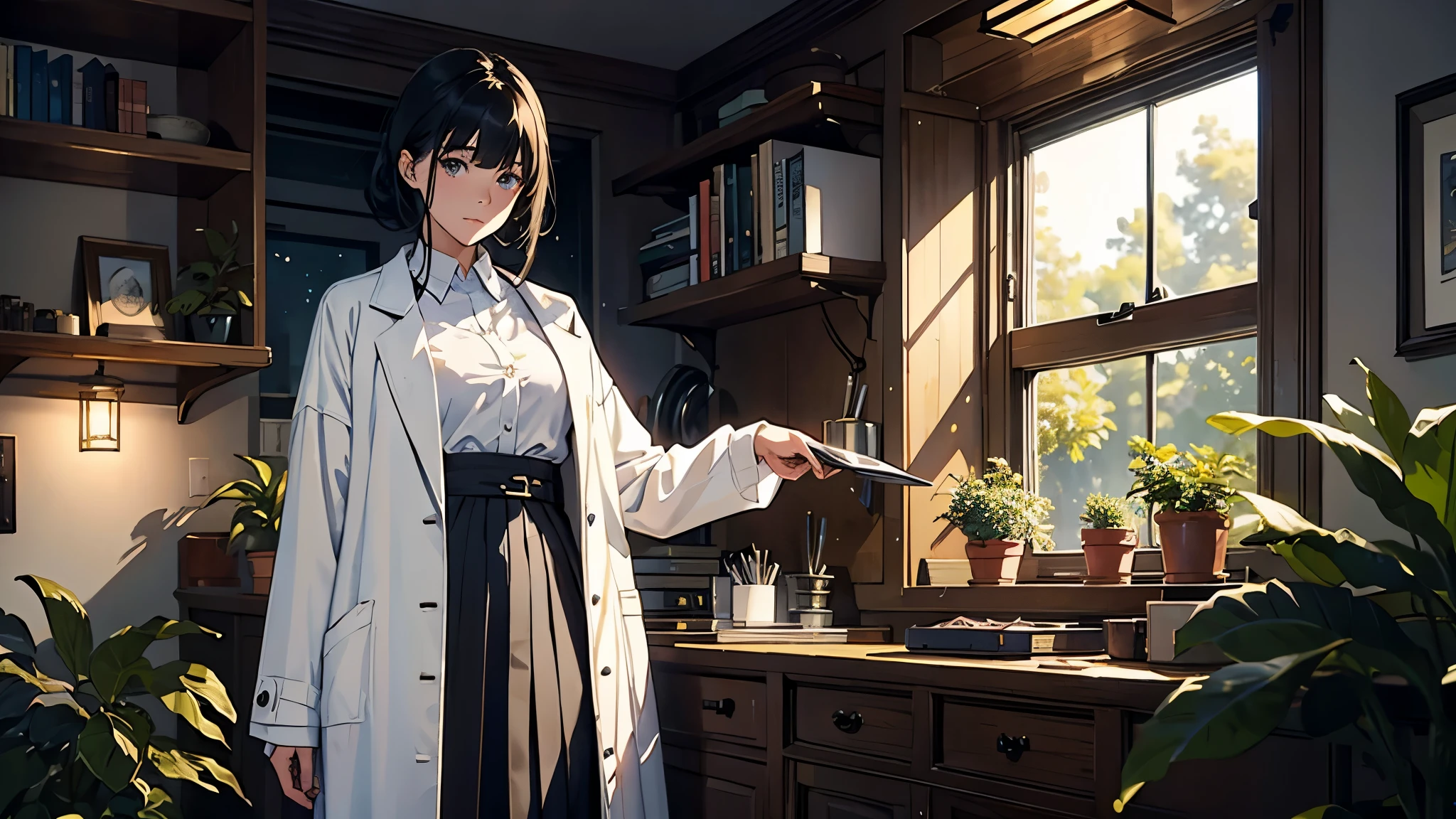(highest quality、masterpiece、High resolution)、(Sargent style watercolor)、(anime art)、cinematic light、soft light、((1 girl))、20-year-old、((With documents、Standing by the wall))、black hair、short hair、semi-long、Put your hair up、(detailed depiction of the face)、((wearing a white coat))、(uniform、long skirt)、sophisticated look、small breasts、anatomically accurate hands、whole body、graduate School、Large bookshelf、Specimen shelf、Mineral specimens、Insect specimenicroscope、Laboratory instrument、Foliage plant、 blur the background、Window、((Night view outside the window))、((indoors at night、illumination))、