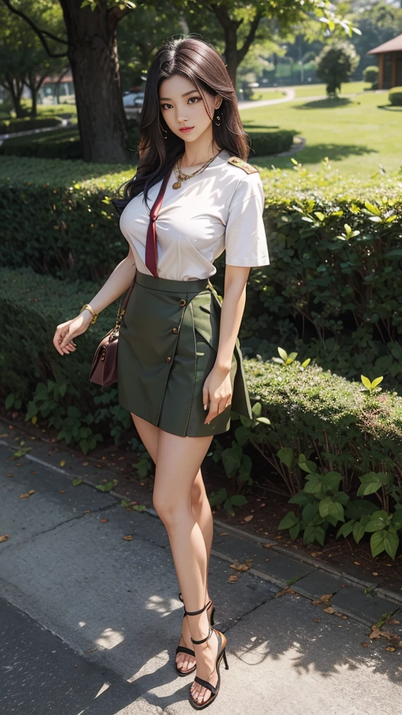 Khaki suit, khaki civil servant, Thai teacher uniform:1.3, Beautiful girl with extra long hair, Two meter long hair, Long hair that catches the eye, long black hair, Her hair is very long., Long, shiny hair, Long, thick, soft hair, Extra long hair, Dynamic posts, like full body, Short sleeve shirtสีกากี, short pencil skirtสีกากี, side cut, Decorated with military insignia., black high heels, The sexiest, small waist, hips raised, small thighs, Long legs, Women&#39;s fingers are slender and beautiful., Huge breasts, Huge breasts:1.5, big breast, Very big breasts, Eye-catching breasts, A gigantic rift, Not completely covered, big breast, Huge breast, Big tits D, สาวTwo meter long hair, Beautiful face, red lips, Very shiny, แต่งBeautiful face, Military rank insignia, short pencil skirt, tight, ultra short skirt, very short skirt, Wear a miniskirt., Short sleeve shirt, tight fitting, in the background, blurred garden., seductive gesture, Women&#39;s condition, Hermes 2002-26 Bag, Gold Necklace, นาฬิกา Apple Watch, (stand, walk),