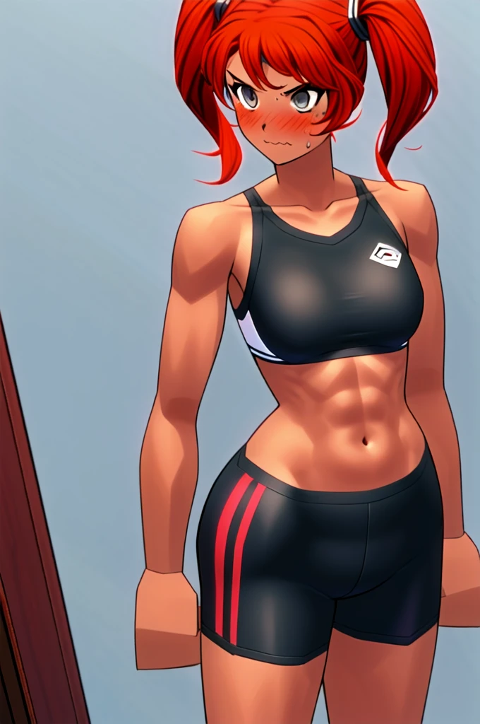 Twintail, red hair, 1girl, (grey eyes:1.5), well toned, well built, muscled, toned muscles, blushing, sweating, wearing a sports bra and booty shorts, while sporting a demure expression and stylish Twintails.". Her expression is full of anger."