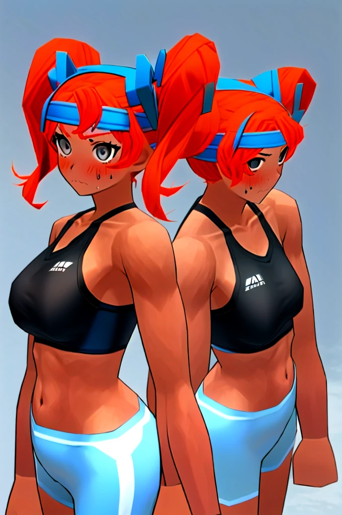 Twintail, red hair, 1girl, (grey eyes:1.5), well toned, well built, muscled, toned muscles, blushing, sweating, wearing a sports bra and booty shorts, while sporting a demure expression and stylish Twintails.". Her expression is full of anger."