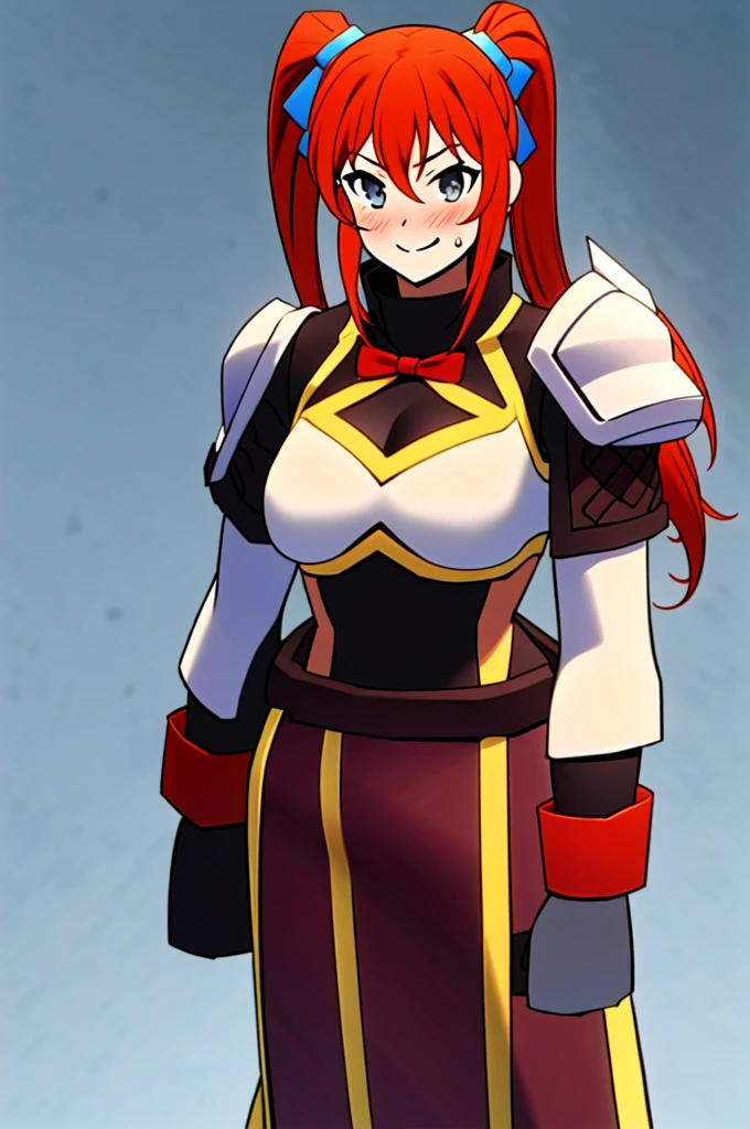 Twintail, red hair, 1girl, (grey eyes:1.5), well toned, well built, muscled, toned muscles, blushing, sweating, smiling, armor, blue eyes, hair ornament, gloves, shoulder armor, braid, black gloves, pauldrons, white boots, darkness \(konosuba\)