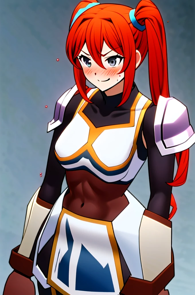 Twintail, red hair, 1girl, (grey eyes:1.5), well toned, well built, muscled, toned muscles, blushing, sweating, smiling, armor, blue eyes, hair ornament, gloves, shoulder armor, braid, black gloves, pauldrons, white boots, darkness \(konosuba\)