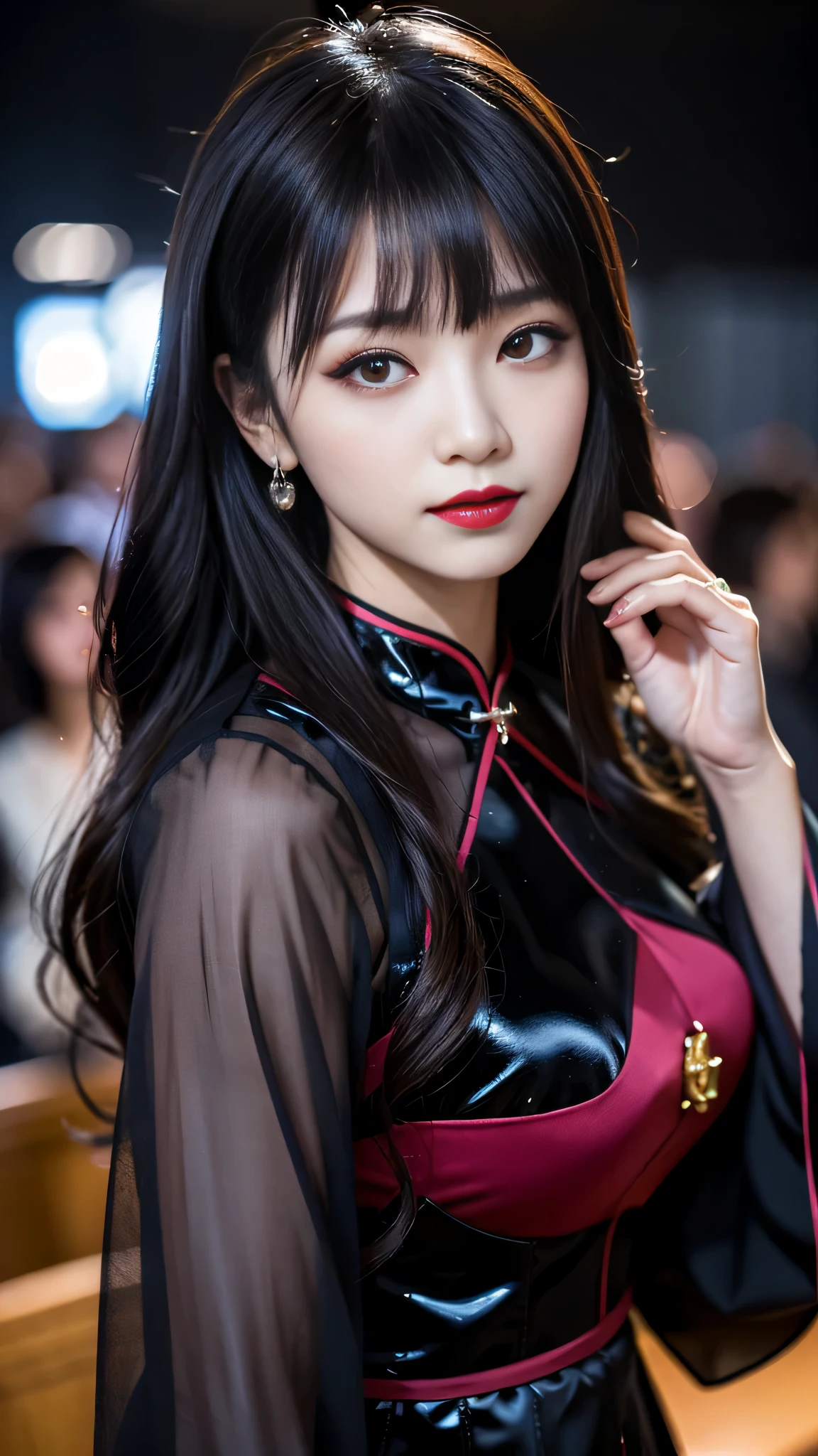 tra-detailed、Japanese、Attractive beauty、seductive adult woman、Pretty Woman、piercing eyes、cool girl、wavy hair、swept bangs、Long Black Cheongsam、Wide sleeves、slit、Evil cadres、Fallen into evil、brainwash、mind control、lipstick、lip gloss、dark makeup、smirk、Evil expression、evil、hollow eyes,half-closed eyes、empty eyes、evil、church at night、Vampire、succubus、vampire、Swear allegiance、