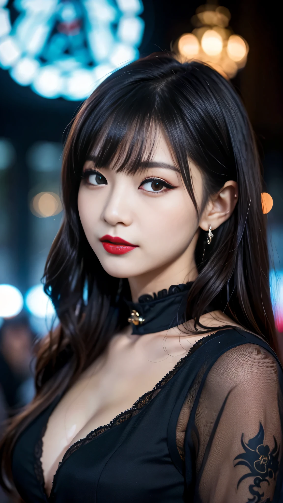 tra-detailed、Japanese、Attractive beauty、seductive adult woman、Pretty Woman、piercing eyes、cool girl、wavy hair、swept bangs、Long Black Cheongsam、Wide sleeves、slit、Evil cadres、Fallen into evil、brainwash、mind control、lipstick、lip gloss、dark makeup、smirk、Evil expression、evil、hollow eyes,half-closed eyes、empty eyes、evil、church at night、Vampire、succubus、vampire、Swear allegiance、