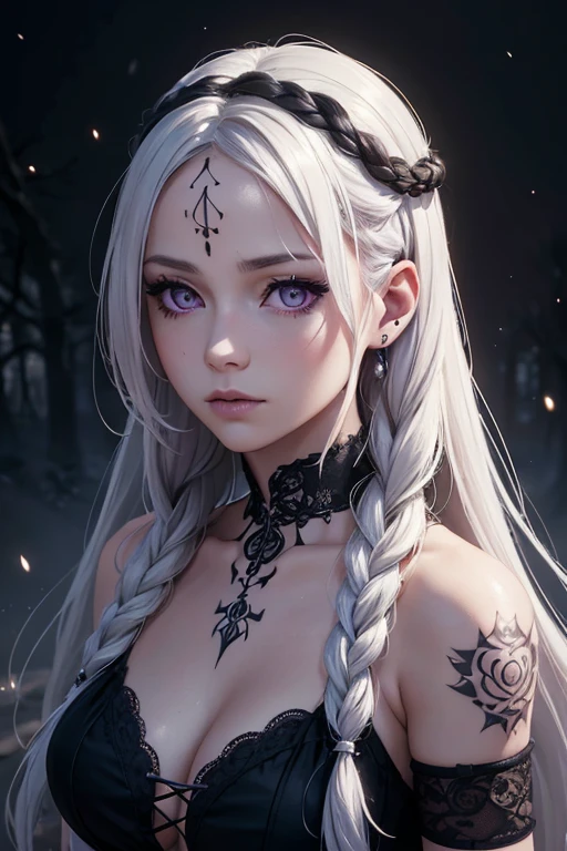 A woman with white and loose hair, some braids, purple eyes, black clothing, a moon accessory on the forehead, numerous tattoos, a gothic and mysterious air.([woman], [white and loose hair], [braids], [purple eyes], [black clothing], [moon accessory on the forehead], [numerous tattoos], [gothic], [mysterious])

(high quality,4k,8k,highres,masterpiece:1.2),ultra-detailed,(realistic,photorealistic,photo-realistic:1.37), [HDR], [UHD], [studio lighting], [ultra-fine painting], [sharp focus], [physically-based rendering], [extreme detail description], [professional], [vivid colors], [bokeh],

[portrait], [gothic artwork], [dark atmosphere], [moonlit scenery], [mystical], [vibrant colors], [dreamlike], [ethereal], [intricate details], ([lonely figure] or [with a haunting figure] depending on the mood), [moonlit garden], [romantic darkness], ([fairytale-like] or [nightmare-like] depending on the desired impression)