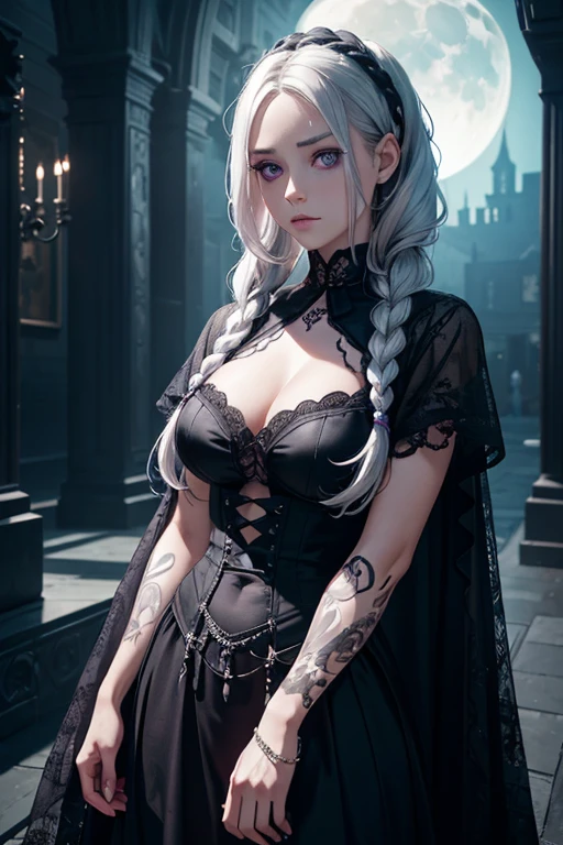 A woman with white and loose hair, some braids, purple eyes, black clothing, a moon accessory on the forehead, numerous tattoos, a gothic and mysterious air.([woman], [white and loose hair], [braids], [purple eyes], [black clothing], [moon accessory on the forehead], [numerous tattoos], [gothic], [mysterious])

(high quality,4k,8k,highres,masterpiece:1.2),ultra-detailed,(realistic,photorealistic,photo-realistic:1.37), [HDR], [UHD], [studio lighting], [ultra-fine painting], [sharp focus], [physically-based rendering], [extreme detail description], [professional], [vivid colors], [bokeh],

[portrait], [gothic artwork], [dark atmosphere], [moonlit scenery], [mystical], [vibrant colors], [dreamlike], [ethereal], [intricate details], ([lonely figure] or [with a haunting figure] depending on the mood), [moonlit garden], [romantic darkness], ([fairytale-like] or [nightmare-like] depending on the desired impression)