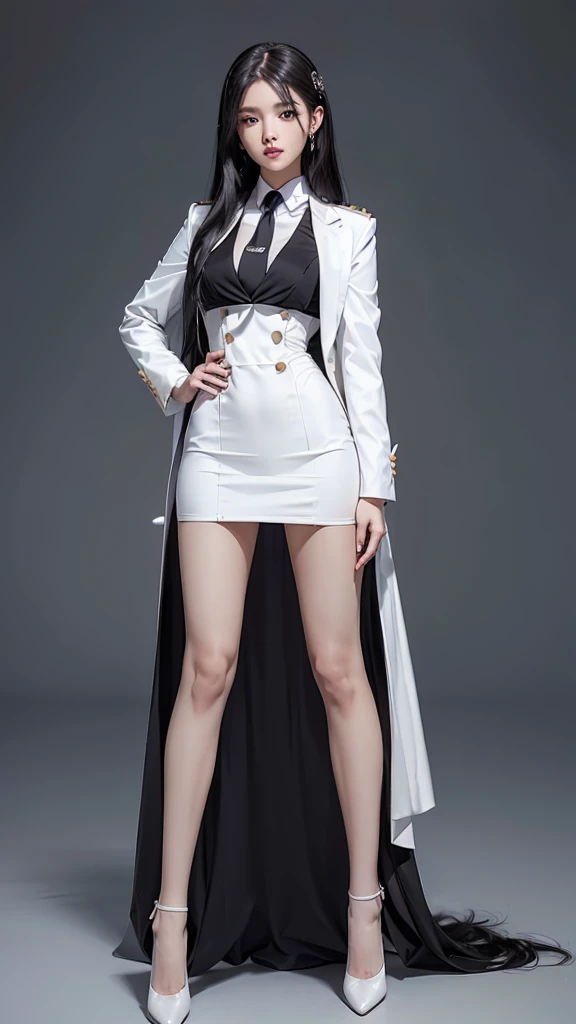 สาวสวยTwo meter long hair, long black hair, ชุดสูทผู้หญิงwhite, (wearing a women's suit, Business woman's suit, white), (ชุดสูทผู้หญิงwhite), (เสื้อเชิ้ตwhite), (Thai women's short black necktie), (Military rank insignia), (short pencil skirtwhite), tight, (dynamic post), full body, (Huge breasts, thin body, small waist, hips raised, small thighs, Long legs), A gigantic rift, black high heels, (short pencil skirt, white), (Wearing a white business suit, สูทนักธุรกิจหญิงwhite), tight, military regalia, เสื้อwhite, กระโปรงwhite, Single row suit buttons, Two meter long hair,