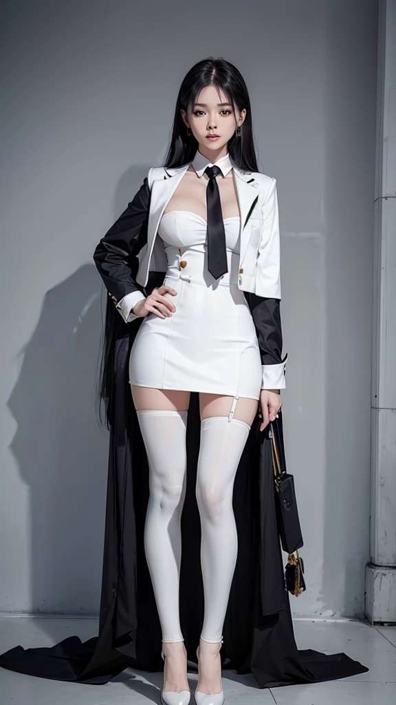 สาวสวยTwo meter long hair, long black hair, ชุดสูทผู้หญิงwhite, (wearing a women's suit, Business woman's suit, white), (ชุดสูทผู้หญิงwhite), (เสื้อเชิ้ตwhite), (Thai women's short black necktie), (Military rank insignia), (short pencil skirtwhite), tight, (dynamic post), full body, (Huge breasts, thin body, small waist, hips raised, small thighs, Long legs), A gigantic rift, black high heels, (short pencil skirt, white), (Wearing a white business suit, สูทนักธุรกิจหญิงwhite), tight, military regalia, เสื้อwhite, กระโปรงwhite, Single row suit buttons, Two meter long hair,