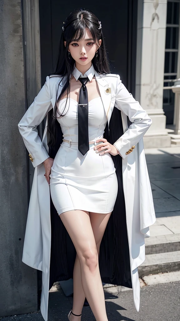 สาวสวยTwo meter long hair, long black hair, ชุดสูทผู้หญิงwhite, (wearing a women's suit, Business woman's suit, white), (ชุดสูทผู้หญิงwhite), (เสื้อเชิ้ตwhite), (Thai women's short black necktie), (Military rank insignia), (short pencil skirtwhite), tight, (dynamic post), full body, (Huge breasts, thin body, small waist, hips raised, small thighs, Long legs), A gigantic rift, black high heels, (short pencil skirt, white), (Wearing a white business suit, สูทนักธุรกิจหญิงwhite), tight, military regalia, เสื้อwhite, กระโปรงwhite, Single row suit buttons, Two meter long hair,
