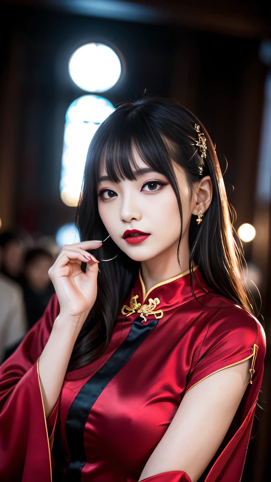 tra-detailed、Japanese、Attractive beauty、seductive adult woman、Pretty Woman、piercing eyes、cool girl、wavy hair、swept bangs、Long Black Cheongsam、Wide sleeves、slit、Evil cadres、Fallen into evil、brainwash、mind control、lipstick、lip gloss、dark makeup、smirk、Evil expression、evil、hollow eyes,half-closed eyes、empty eyes、evil、church at night、Vampire、succubus、vampire、Swear allegiance、