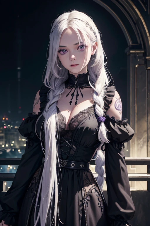 A woman with white and loose hair, some braids, purple eyes, black clothing, a moon accessory on the forehead, numerous tattoos, a gothic and mysterious air.([woman], [white and loose hair], [braids], [purple eyes], [black clothing], [moon accessory on the forehead], [numerous tattoos], [gothic], [mysterious])

(high quality,4k,8k,highres,masterpiece:1.2),ultra-detailed,(realistic,photorealistic,photo-realistic:1.37), [HDR], [UHD], [studio lighting], [ultra-fine painting], [sharp focus], [physically-based rendering], [extreme detail description], [professional], [vivid colors], [bokeh],

[portrait], [gothic artwork], [dark atmosphere], [moonlit scenery], [mystical], [vibrant colors], [dreamlike], [ethereal], [intricate details], ([lonely figure] or [with a haunting figure] depending on the mood), [moonlit garden], [romantic darkness], ([fairytale-like] or [nightmare-like] depending on the desired impression)