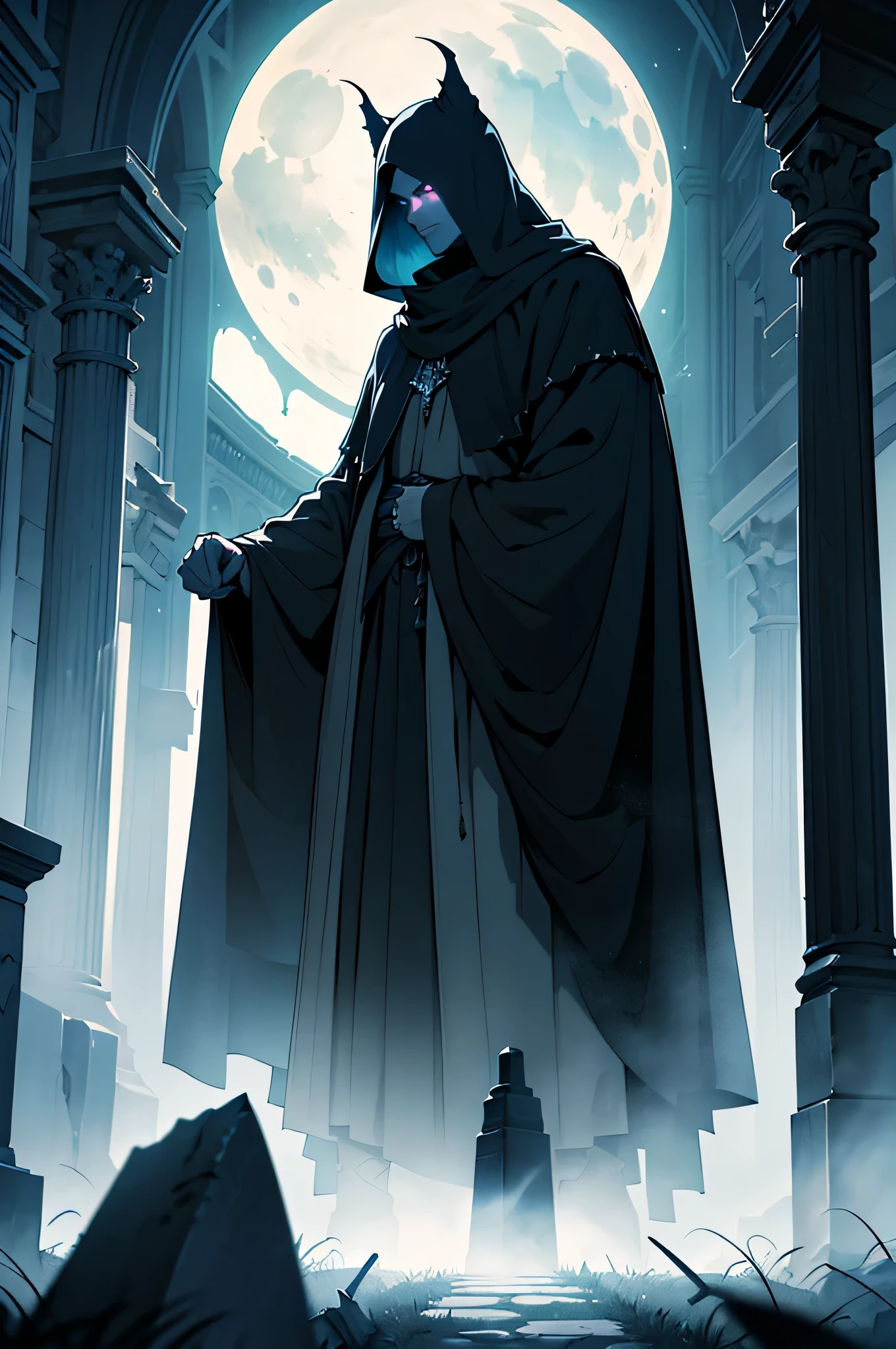 Surrounded by an ethereal veil of fog and the gentle glow of moonlight, a solitary figure emerges from the shadows amongst the haunting ruins of an ancient cemetery. Dressed in a voluminous robe, the enigmatic necromancer gazes intently at us with piercing, obsidian eyes. Shrouded in an aura of mystery, he delves into the realms of the unknown, his voice echoing through the stillness of the night. The tombstones loom behind him, standing sentinel with their gothic elegance, their shadows flickering in the soft, flickering light of the candles nestled amongst their crumbling stone