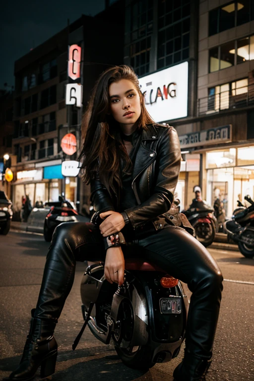 Make a girl in a leather jacket and sitting on motorcycle and holding a in a leather jacket
