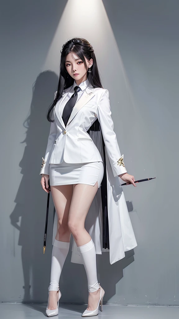 สาวสวยTwo meter long hair, long black hair, ชุดสูทผู้หญิงwhite, (wearing a women&#39;s suit, Business woman&#39;s suit, white), (ชุดสูทผู้หญิงwhite), (เสื้อเชิ้ตwhite), (Thai women&#39;s short black necktie), (Military rank insignia), (short pencil skirtwhite), tight, (dynamic post), full body, (Huge breasts, thin body, small waist, hips raised, small thighs, Long legs), A gigantic rift, black high heels, (short pencil skirt, white), (Wearing a white business suit, สูทนักธุรกิจหญิงwhite), tight, military regalia, เสื้อwhite, กระโปรงwhite, Two suit buttons, Two meter long hair,