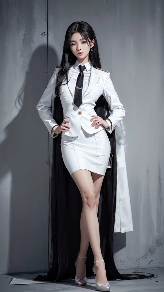 สาวสวยTwo meter long hair, long black hair, ชุดสูทผู้หญิงwhite, (wearing a women's suit, Business woman's suit, white), (ชุดสูทผู้หญิงwhite), (เสื้อเชิ้ตwhite), (Thai women's short black necktie), (Military rank insignia), (short pencil skirtwhite), tight, (dynamic post), full body, (Huge breasts, thin body, small waist, hips raised, small thighs, Long legs), A gigantic rift, black high heels, (short pencil skirt, white), (Wearing a white business suit, สูทนักธุรกิจหญิงwhite), tight, military regalia, เสื้อwhite, กระโปรงwhite, Two suit buttons, Two meter long hair,