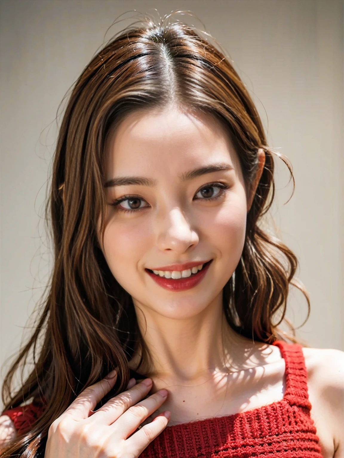 1girl, solo, looking at viewer, smile, brown hair, brown eyes, hairband, teeth, grin, traditional media