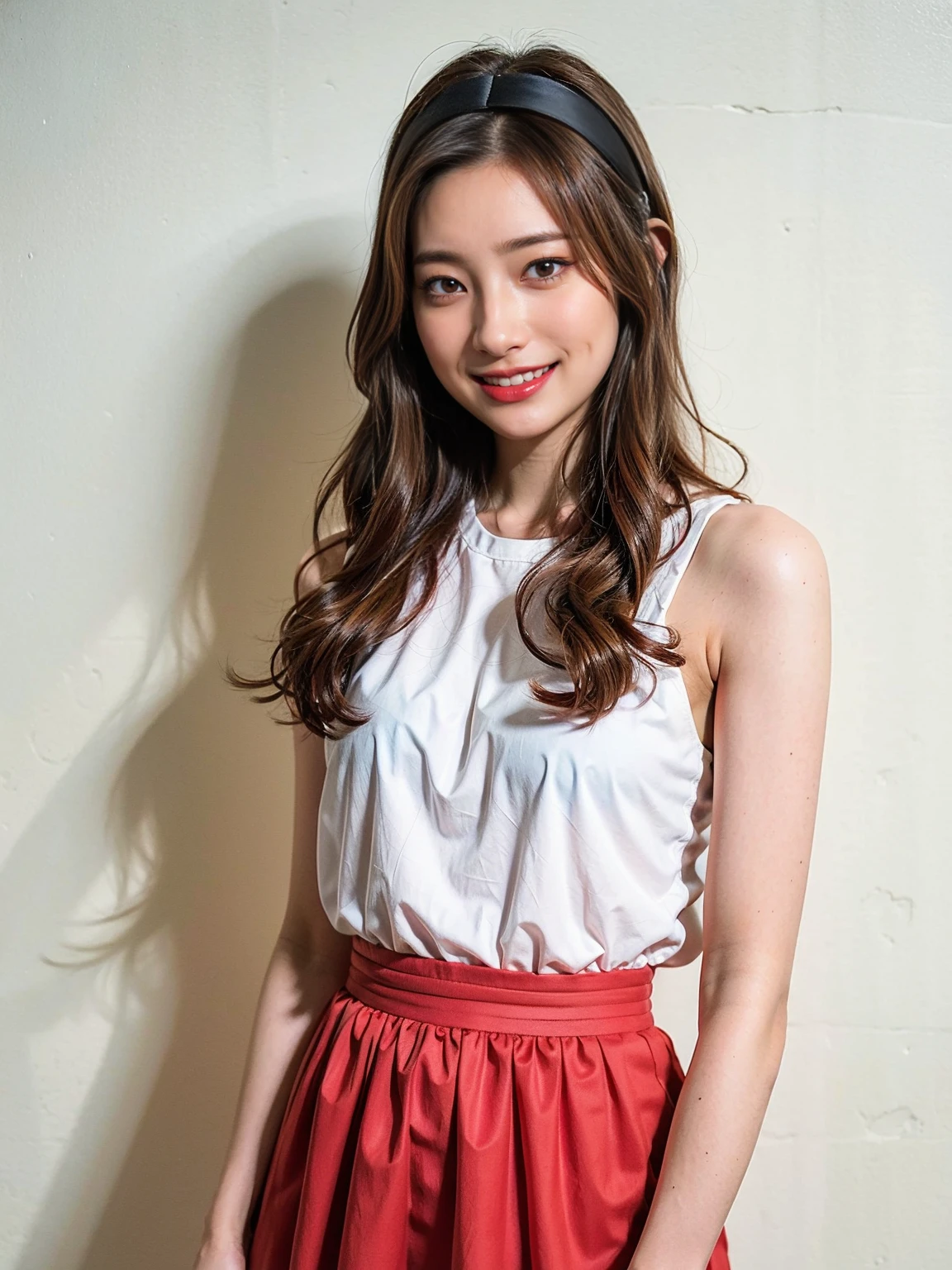 1girl, solo, looking at viewer, smile, brown hair, brown eyes, hairband, teeth, grin, traditional media