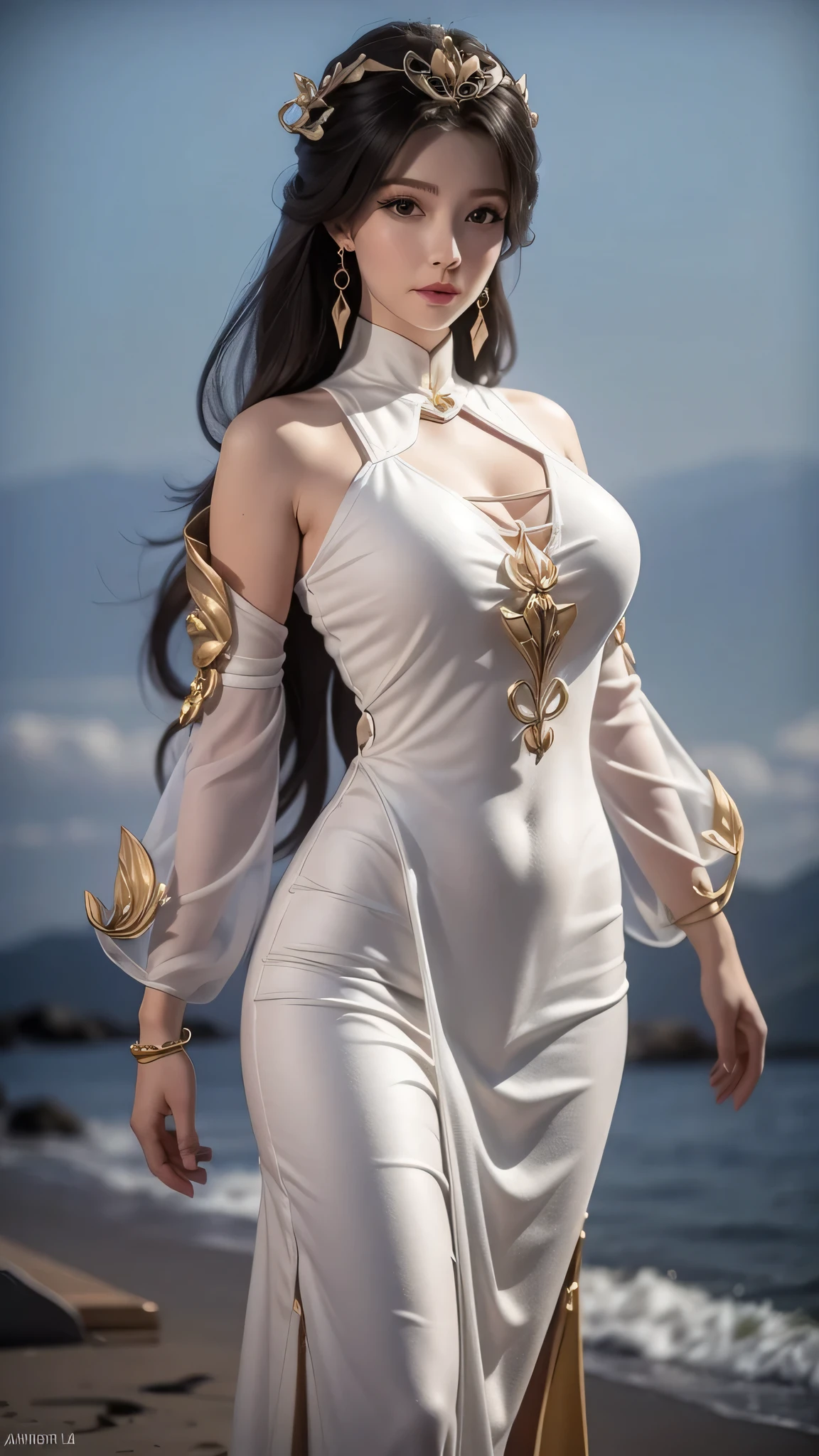 ((Best quality)), ((masterpiece)), official art, ultra detail, highres, ((beautiful detailed girl)), ((extremely detailed eyes and face)), (beautiful face: 1.2), 1girl, perfect body, thighhighs, 8K wallpaper, soft lightning, liu shen dress, black hair, detailed body, dept of field,