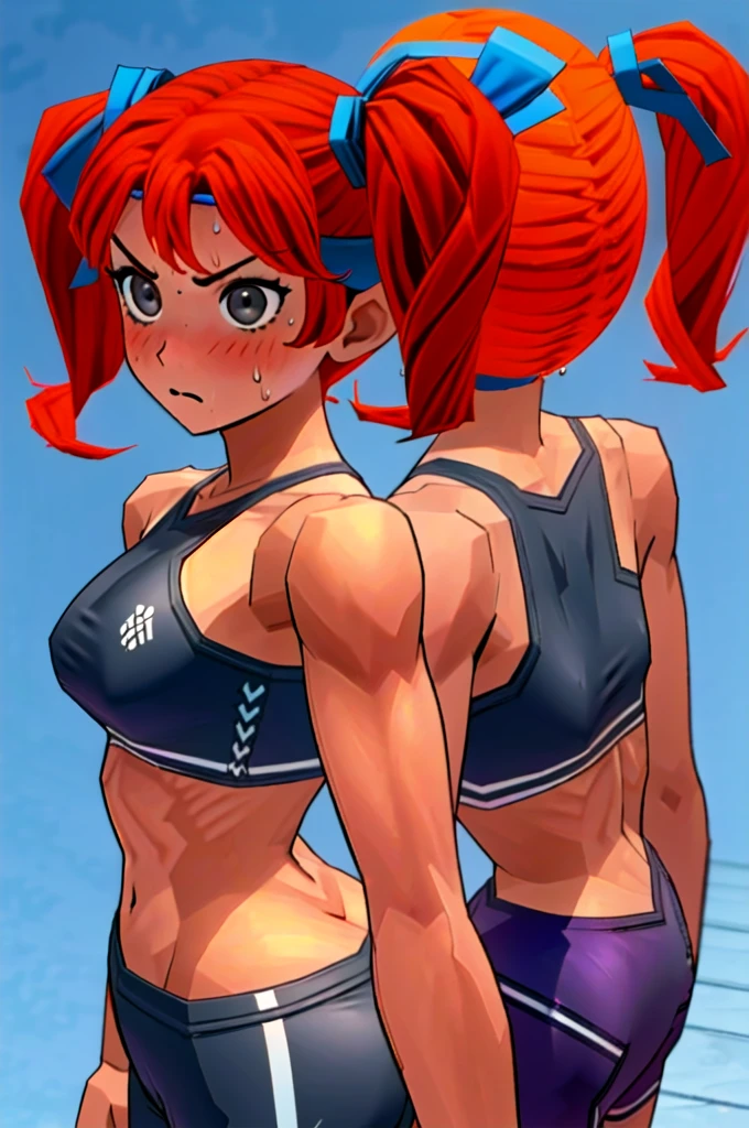 Twintail, red hair, 1girl, (grey eyes:1.5), well toned, well built, muscled, toned muscles, blushing, sweating, wearing a sports bra and booty shorts, while sporting a demure expression and stylish Twintails.". Her expression is full of anger."