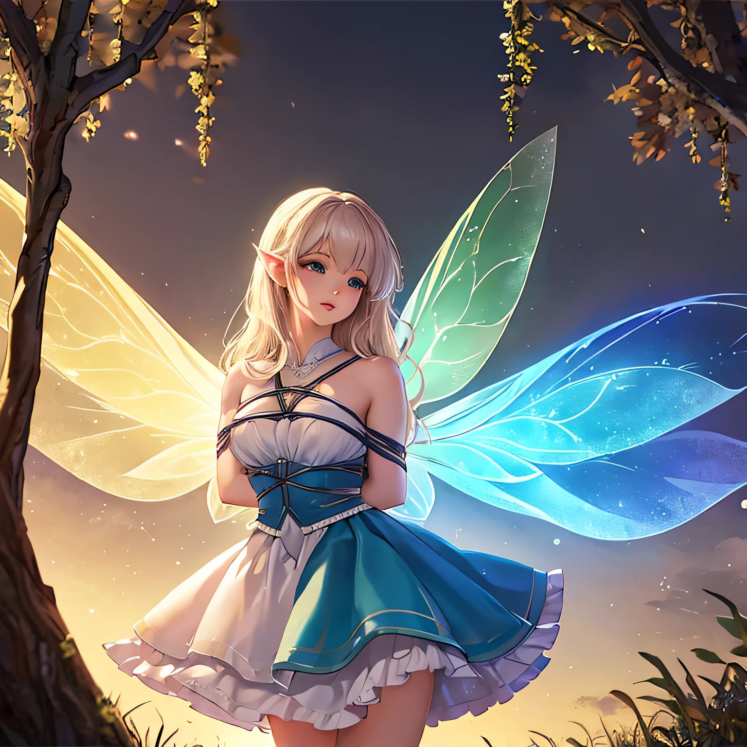 Make a picture where a beautiful fairy is bound, wearing a sheer skirt, in a gr3ysh33r medium, with detailed wings and a magical glow. The background should be enchanted forest with sparkling lights and soft sunlight. The fairy's eyes should be captivating and her lips delicate. The image should be of the best quality, with ultra-detailed features and a realistic, photorealistic style. The color palette should be vibrant and ethereal, with a dreamy atmosphere. The lighting should be soft and magical, highlighting the fairy's beauty and creating a sense of enchantment.