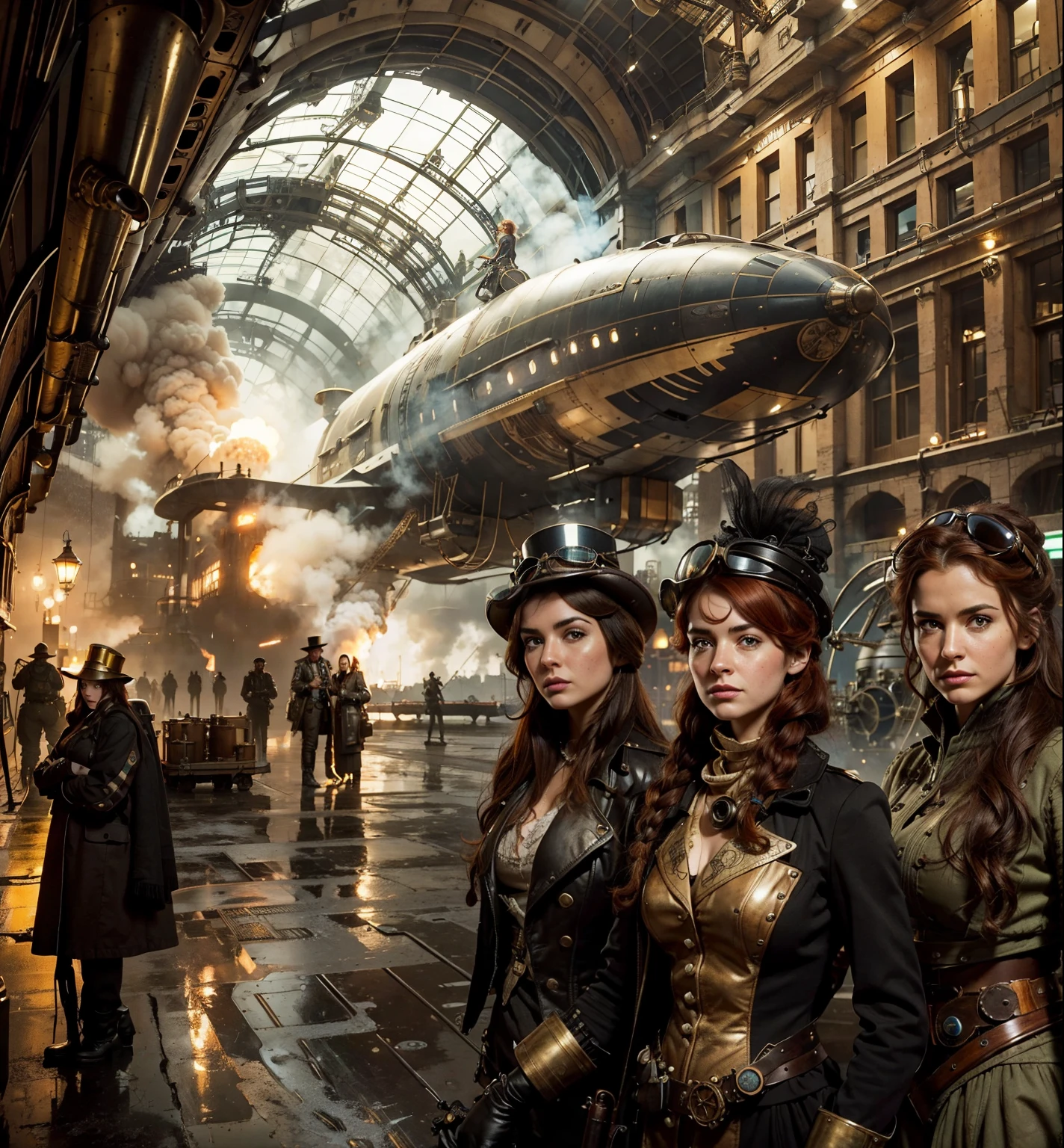 Setting: A bustling steampunk train station, filled with billowing steam, intricate metal contraptions, and docking trains. Passengers in elaborate goggles and aviator hats mill about, while crews in grease-stained jumpsuits load cargo.
Characters: Three stunning women, each with their own unique steampunk flair. Perhaps one has flowing red hair adorned with gears and wires, another sports goggles with built-in telescopes, and the third has a clockwork prosthetic arm. All three strike a confident pose, their eyes gleaming with a mix of excitement and determination, as they turn towards the camera.
Action: A magnificent steampunk locomotive, unlike any seen before, descends into the trainstation. Its hull gleams with polished brass and copper, adorned with intricate etchings and glowing portholes. Billowing steam erupts from its smokestacks, casting a dramatic silhouette against the sky. The three women watch in awe, a sense of adventure and anticipation etched on their faces.