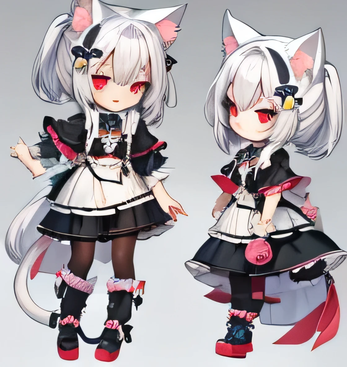 1 person、SD character、deformed、2d character、anime character、chibi character、Large, clear red eyes、Black Lolita Gothic Top、、Cat ear、silver hair、full body shot、Short leg、(超Short leg)