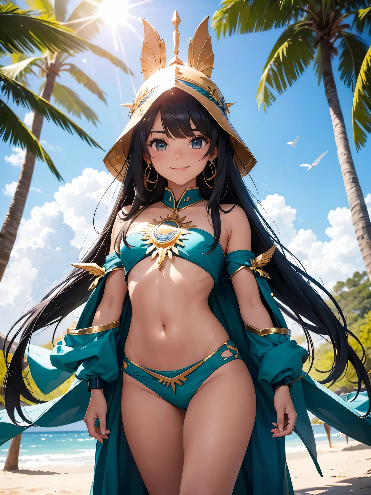 Um jovem Meia-elfa, she is in magic school, em uma sala de aula, cabelos loira, long flowing hair, brincos e aneis de ouro, armadura celestial, armadura gloriosa, olhos grandes e verde, cleric, deusa do sol, she is smiling, sorrindo de forma graciosa, posando para a foto, pele bronzeada, sol suficiente, brilho divino, strength, instinto, leveza, cores vibrantes, enquadramento perfeito de corpo (alta qualidade), (Hiper realista), (extremamente detalhado), (imagem em 8k)