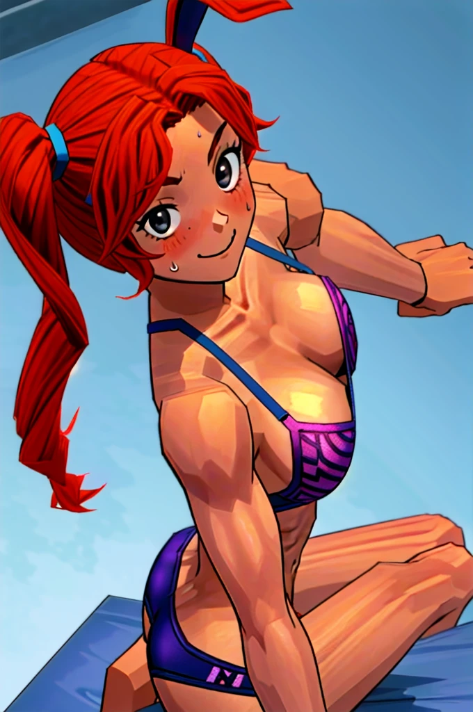 Twintail, red haired, 1girl, (grey eyes:1.5), well toned, well built, muscled, toned muscles, blushing, sweating, smiling, She is depicted in a solo composition, with captivating grey eyes her hair in a side ponytail being held by a blue ribbon that looks like bunny ears and a striking pink bra and pantie's. She lays on top of a bed, viewed from above." she is pulling with one finger her bra away from her