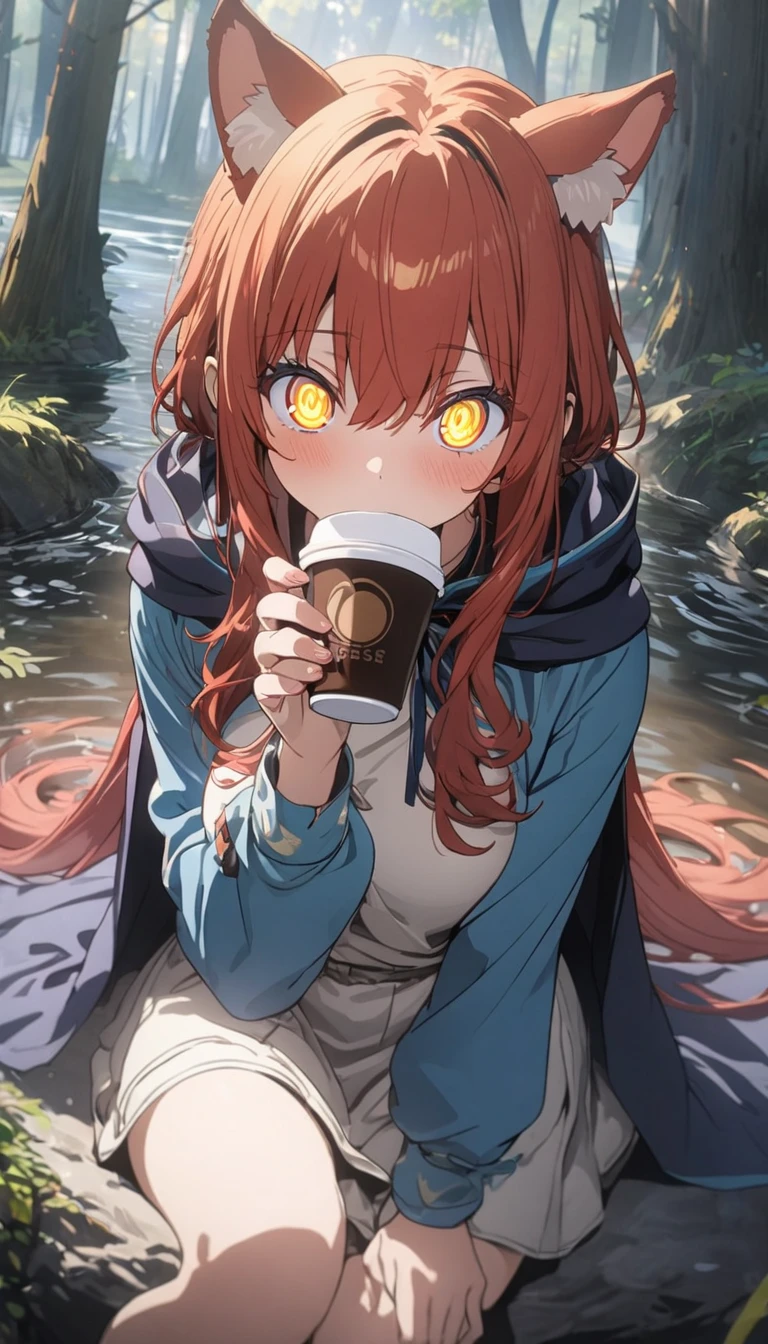 8K, (highest quality、masterpiece、High resolution、detailed), (anime:1.4), (Shining eyes、detailed美しい顔), BREAK, 1 girl, redhead, animal ears, blue hooded cape, ears are sticking out, Pause: sitting on a rock in the forest river, yellow eyes,  Drinking espresso、
