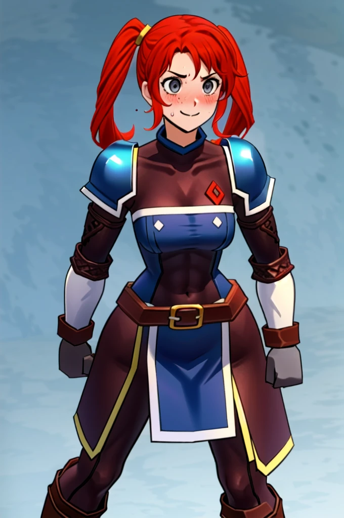 Twintail, red hair, 1girl, (grey eyes:1.5), well toned, well built, muscled, toned muscles, blushing, sweating, smiling, armor, blue eyes, hair ornament, gloves, shoulder armor, braid, black gloves, pauldrons, white boots, darkness \(konosuba\)