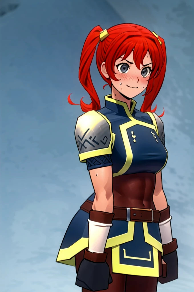 Twintail, red hair, 1girl, (grey eyes:1.5), well toned, well built, muscled, toned muscles, blushing, sweating, smiling, armor, blue eyes, hair ornament, gloves, shoulder armor, braid, black gloves, pauldrons, white boots, darkness \(konosuba\)