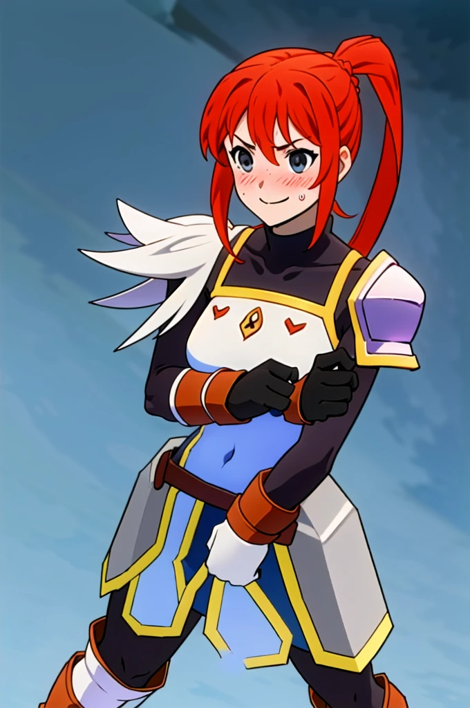 Twintail, red hair, 1girl, (grey eyes:1.5), well toned, well built, muscled, toned muscles, blushing, sweating, smiling, armor, blue eyes, hair ornament, gloves, shoulder armor, braid, black gloves, pauldrons, white boots, darkness \(konosuba\)