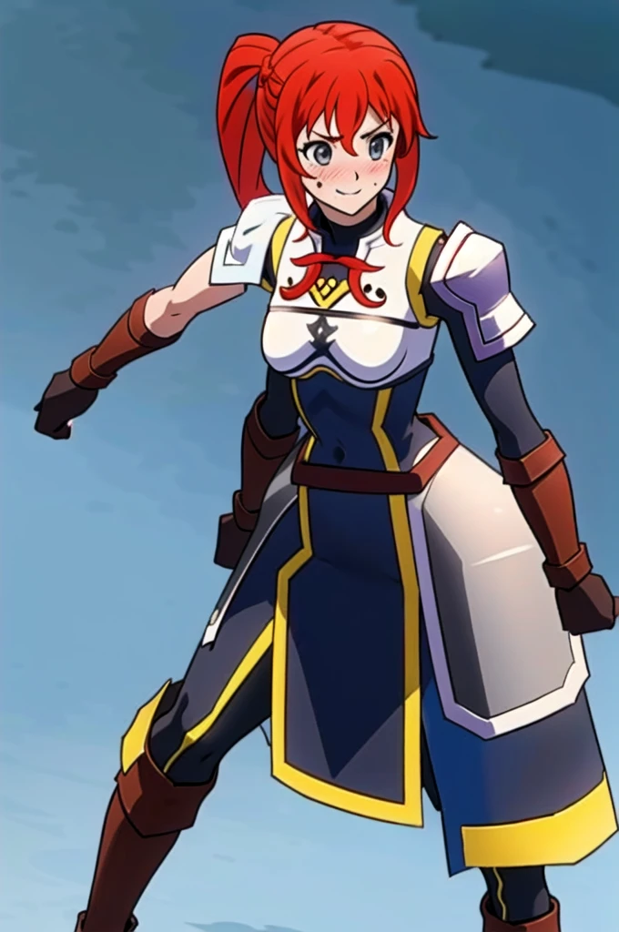 Twintail, red hair, 1girl, (grey eyes:1.5), well toned, well built, muscled, toned muscles, blushing, sweating, smiling, armor, blue eyes, hair ornament, gloves, shoulder armor, braid, black gloves, pauldrons, white boots, darkness \(konosuba\)