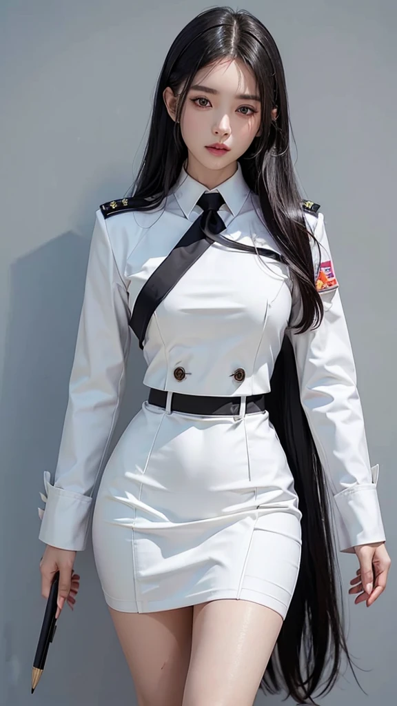 สาวสวยTwo meter long hair, long black hair, ชุดสูทผู้หญิงwhite, (wearing a women&#39;s suit, Business woman&#39;s suit, white), (ชุดสูทผู้หญิงwhite), (เสื้อเชิ้ตwhite), (Thai women&#39;s short black necktie), (Military rank insignia), (short pencil skirtwhite), tight, (dynamic post), full body, (Huge breasts, thin body, small waist, hips raised, small thighs, Long legs), A gigantic rift, black high heels, (short pencil skirt, white), (Wearing a white business suit, สูทนักธุรกิจหญิงwhite), tight, military regalia, เสื้อwhite, กระโปรงwhite, Two suit buttons, Two meter long hair, Form-fitting suit