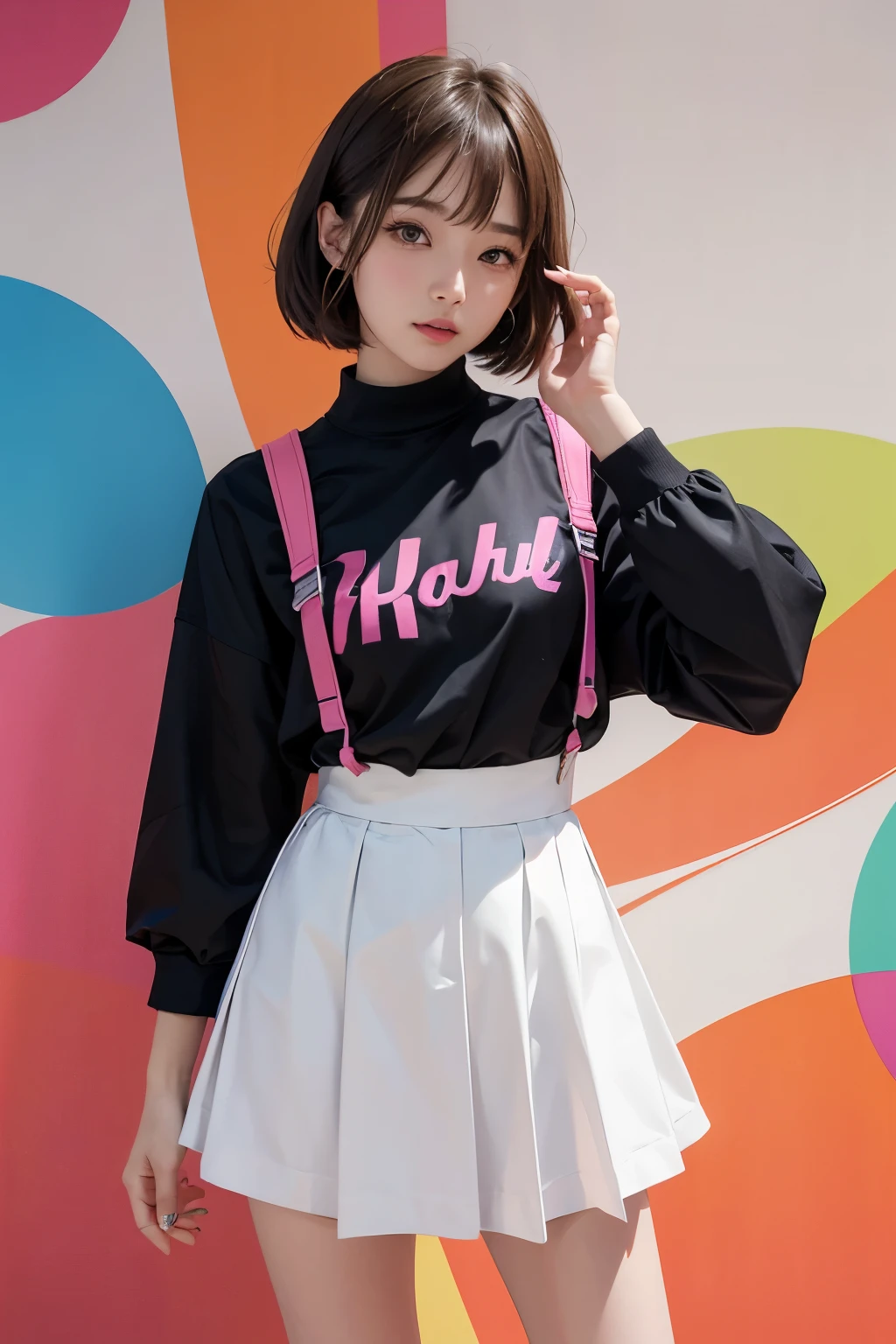 Arapé girl wearing multi-colored casual clothes in front of a colorful background, official artwork, still promotion, official art, Photo shoot, Promotional photos, Aya Takano Color Style, Chiho, Promotional art, promo shot, colorful photos, promo still, Promotional images, Photo shoot, best artist, Portrait of Korean twenties,  Random Actions,