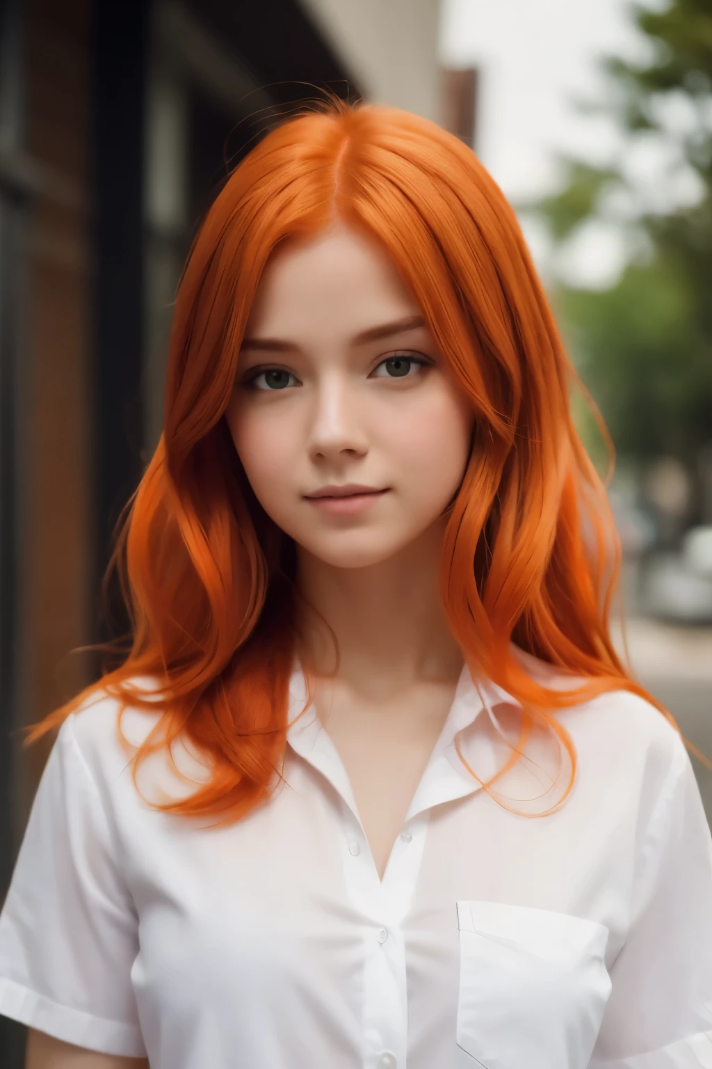 A orange-hair realistic girl with a white shirt with a tag written INFLUX