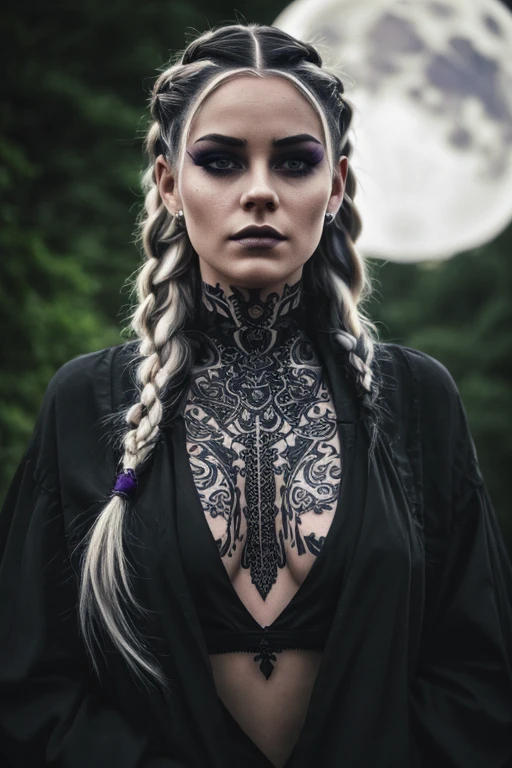 A woman with white and loose hair, some braids, purple eyes, black clothing, a moon accessory on the forehead, numerous tattoos, a gothic and mysterious air.([woman], [white and loose hair], [braids], [purple eyes], [black clothing], [moon accessory on the forehead], [numerous tattoos], [gothic], [mysterious])

(high quality,4k,8k,highres,masterpiece:1.2),ultra-detailed,(realistic,photorealistic,photo-realistic:1.37), [HDR], [UHD], [studio lighting], [ultra-fine painting], [sharp focus], [physically-based rendering], [extreme detail description], [professional], [vivid colors], [bokeh],

[portrait], [gothic artwork], [dark atmosphere], [moonlit scenery], [mystical], [vibrant colors], [dreamlike], [ethereal], [intricate details], ([lonely figure] or [with a haunting figure] depending on the mood), [moonlit garden], [romantic darkness], ([fairytale-like] or [nightmare-like] depending on the desired impression)