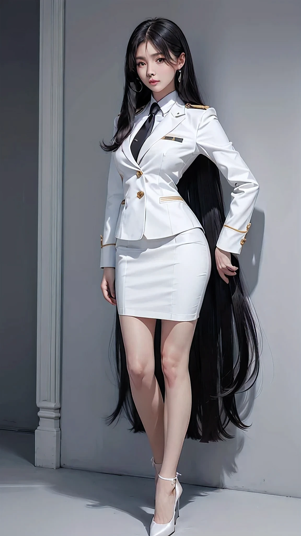 สาวสวยTwo meter long hair, long black hair, women's suit white, (wearing a women's suit, Business woman's suit, white), (women's suit white), (white shirt), (Thai women's short black necktie), (Military rank insignia), (short pencil skirtwhite), tight, (dynamic post), full body, (Huge , thin body, small waist, hips raised, small thighs, Long legs), A gigantic rift, black high heels, (short pencil skirt, white), (Wearing a white business suit, white business woman suit), tight, military regalia, white shirt, white skirt, Two suit buttonso meter long hair, Form-fitting suit
