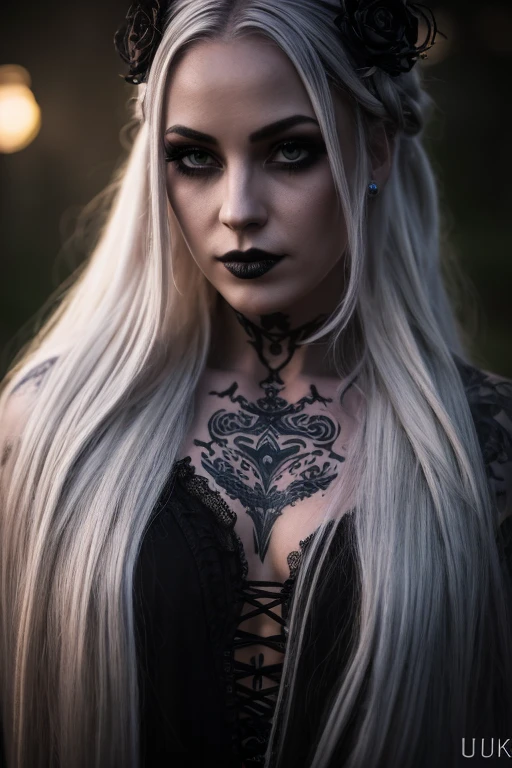 A woman with white and loose hair, some braids, purple eyes, black clothing, a moon accessory on the forehead, numerous tattoos, a gothic and mysterious air.([woman], [white and loose hair], [braids], [purple eyes], [black clothing], [moon accessory on the forehead], [numerous tattoos], [gothic], [mysterious])

(high quality,4k,8k,highres,masterpiece:1.2),ultra-detailed,(realistic,photorealistic,photo-realistic:1.37), [HDR], [UHD], [studio lighting], [ultra-fine painting], [sharp focus], [physically-based rendering], [extreme detail description], [professional], [vivid colors], [bokeh],

[portrait], [gothic artwork], [dark atmosphere], [moonlit scenery], [mystical], [vibrant colors], [dreamlike], [ethereal], [intricate details], ([lonely figure] or [with a haunting figure] depending on the mood), [moonlit garden], [romantic darkness], ([fairytale-like] or [nightmare-like] depending on the desired impression)