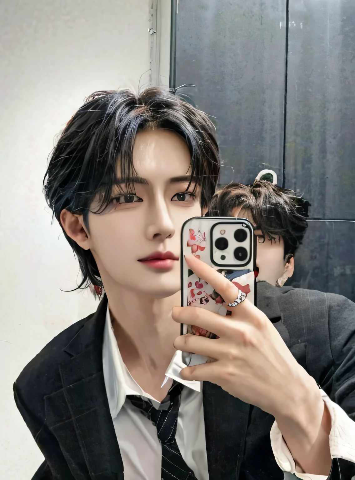 there is a man taking a selfie in a mirror, jinyoung shin, Cai Xu Kun, Jung Jaehyun, kim taejin, hyung tae, kim doyoung, yanjun chengt, Hong June Hyung, pintar ulzzang, aesthetic jinyoung pimple, steven jung, Jaeyeon Nam, con manzana, inspirado en Yanjun Cheng, Seseon Yoon, jungkook