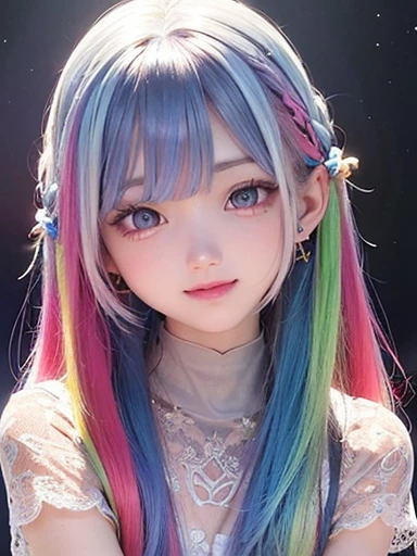 small face、 )Super detailed,bright colors, very beautiful detailed anime face and eyes, look straight, shiny_skin,girl, (((rainbow colored hair, colorful hair, Half blue、half red hair: 1.2))), 、shiny hair, delicate beautiful face, blush、Glasses、(turquoise eyes), , Valletta, earrings,、((flower garden、sunset、luxury hotel))、((silver、translucent、short sleeve、Floral、Lace Suit))、(twin tails)、(smile、sleepy face、Smile)、cheerful pose、dynamic、Upper body、