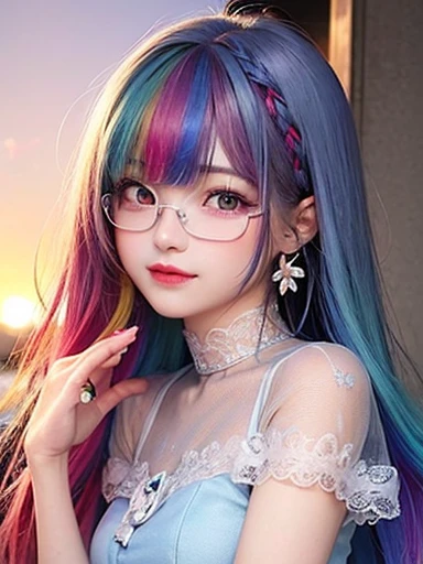 small face、 )Super detailed,bright colors, very beautiful detailed anime face and eyes, look straight, shiny_skin,girl, (((rainbow colored hair, colorful hair, Half blue、half red hair: 1.2))), 、shiny hair, delicate beautiful face, blush、Glasses、(turquoise eyes), , Valletta, earrings,、((flower garden、sunset、luxury hotel))、((silver、translucent、short sleeve、Floral、Lace Suit))、(twin tails)、(smile、sleepy face、Smile)、cheerful pose、dynamic、Upper body、