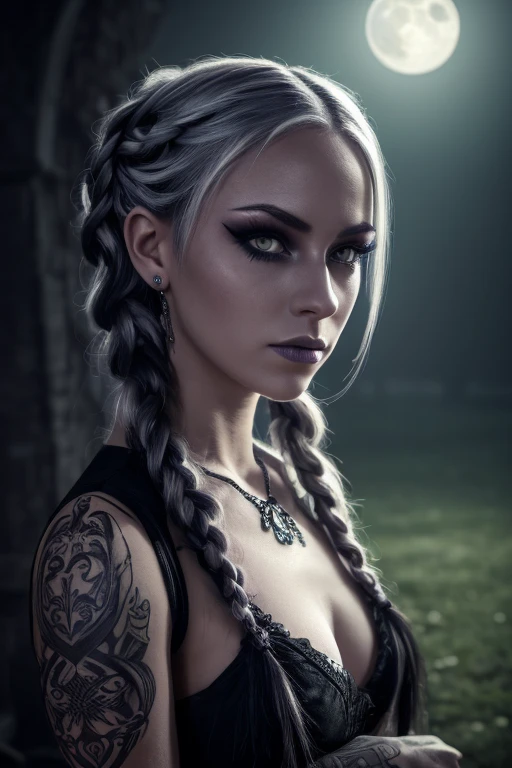 A woman with white and loose hair, some braids, purple eyes, black clothing, a moon accessory on the forehead, numerous tattoos, a gothic and mysterious air.([woman], [white and loose hair], [braids], [purple eyes], [black clothing], [moon accessory on the forehead], [numerous tattoos], [gothic], [mysterious])

(high quality,4k,8k,highres,masterpiece:1.2),ultra-detailed,(realistic,photorealistic,photo-realistic:1.37), [HDR], [UHD], [studio lighting], [ultra-fine painting], [sharp focus], [physically-based rendering], [extreme detail description], [professional], [vivid colors], [bokeh],

[portrait], [gothic artwork], [dark atmosphere], [moonlit scenery], [mystical], [vibrant colors], [dreamlike], [ethereal], [intricate details], ([lonely figure] or [with a haunting figure] depending on the mood), [moonlit garden], [romantic darkness], ([fairytale-like] or [nightmare-like] depending on the desired impression)