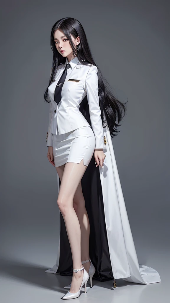 สาวสวยTwo meter long hair, long black hair, ชุดสูทผู้หญิงwhite, (wearing a women&#39;s suit, Business woman&#39;s suit, white), (ชุดสูทผู้หญิงwhite), (เสื้อเชิ้ตwhite), (Thai women&#39;s short black necktie), (Military rank insignia), (short pencil skirtwhite), tight, (dynamic post), full body, (Huge breasts, thin body, small waist, hips raised, small thighs, Long legs), A gigantic rift, black high heels, (short pencil skirt, white), (Wearing a white business suit, สูทนักธุรกิจหญิงwhite), tight, military regalia, เสื้อwhite, กระโปรงwhite, Two suit buttons, Two meter long hair, Form-fitting suit