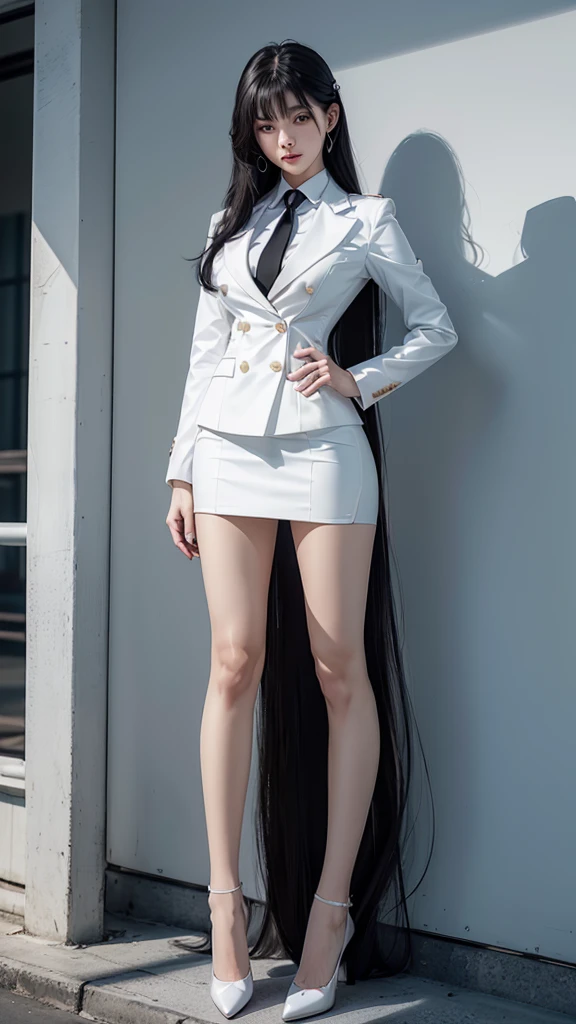 สาวสวยTwo meter long hair, long black hair, ชุดสูทผู้หญิงwhite, (wearing a women&#39;s suit, Business woman&#39;s suit, white), (ชุดสูทผู้หญิงwhite), (เสื้อเชิ้ตwhite), (Thai women&#39;s short black necktie), (Military rank insignia), (short pencil skirtwhite), tight, (dynamic post), full body, (Huge breasts, thin body, small waist, hips raised, small thighs, Long legs), A gigantic rift, black high heels, (short pencil skirt, white), (Wearing a white business suit, สูทนักธุรกิจหญิงwhite), tight, military regalia, เสื้อwhite, กระโปรงwhite, Two suit buttons, Two meter long hair, Form-fitting suit