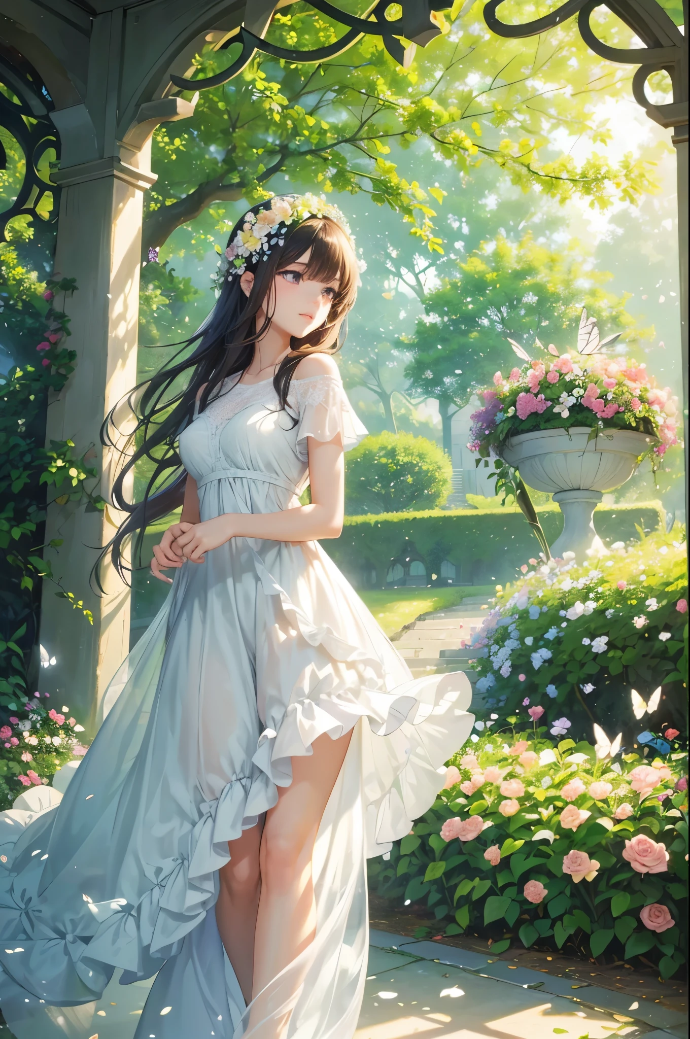 (best quality,4k,8k,highres,masterpiece:1.2),ultra-detailed,(realistic,photorealistic,photo-realistic:1.37),beautiful detailed eyes,beautiful detailed lips,extremely detailed eyes and face,longeyelashes,girl walking in a blooming flower garden,soft sunlight filtering through the leaves,fresh morning dew on the petals,vivid colors,portrait,visible brushstrokes,romantic vibes,lush greenery,delicate flower petals,serene atmosphere,endless rows of beautiful flowers,dainty butterfly dancing around,gentle breeze rustling the leaves,ethereal glow highlighting the girl's silhouette,subtle scent of flowers in the air,harmonious blend of different flower species,sparkling sunlight reflecting off the petals,peaceful aura surrounding the garden,playful birds chirping in the background,a path leading to a hidden gazebo adorned with vines and flowers,serene and tranquil ambiance,whispering grass underfoot,dappled shadows painting the ground,blissful expression on the girl's face,pure joy radiating from her eyes,tall trees providing shade and shelter,colossal rose bushes in full bloom,cascading flowers on trellises,soft petals brushing against the girl's fingertips,graceful movement as she walks through the garden,butterflies fluttering around her,delicate white dress flowing with the wind,whispering blossoms softly greeting her presence,enchanted garden with a touch of magic,effortlessly capturing the beauty of nature's masterpieces.