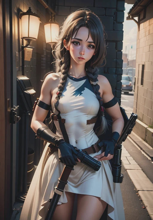 anime girl hoding a sniper rifle, by Greg Rutkowski and Magali Villeneuve, wearing a wedding dress, beautiful eyes, small breasts, toned body, cinematic lighting, Hyperrealism, 8k uhd, (Masterpiece:1.3), (best quality:1.3),