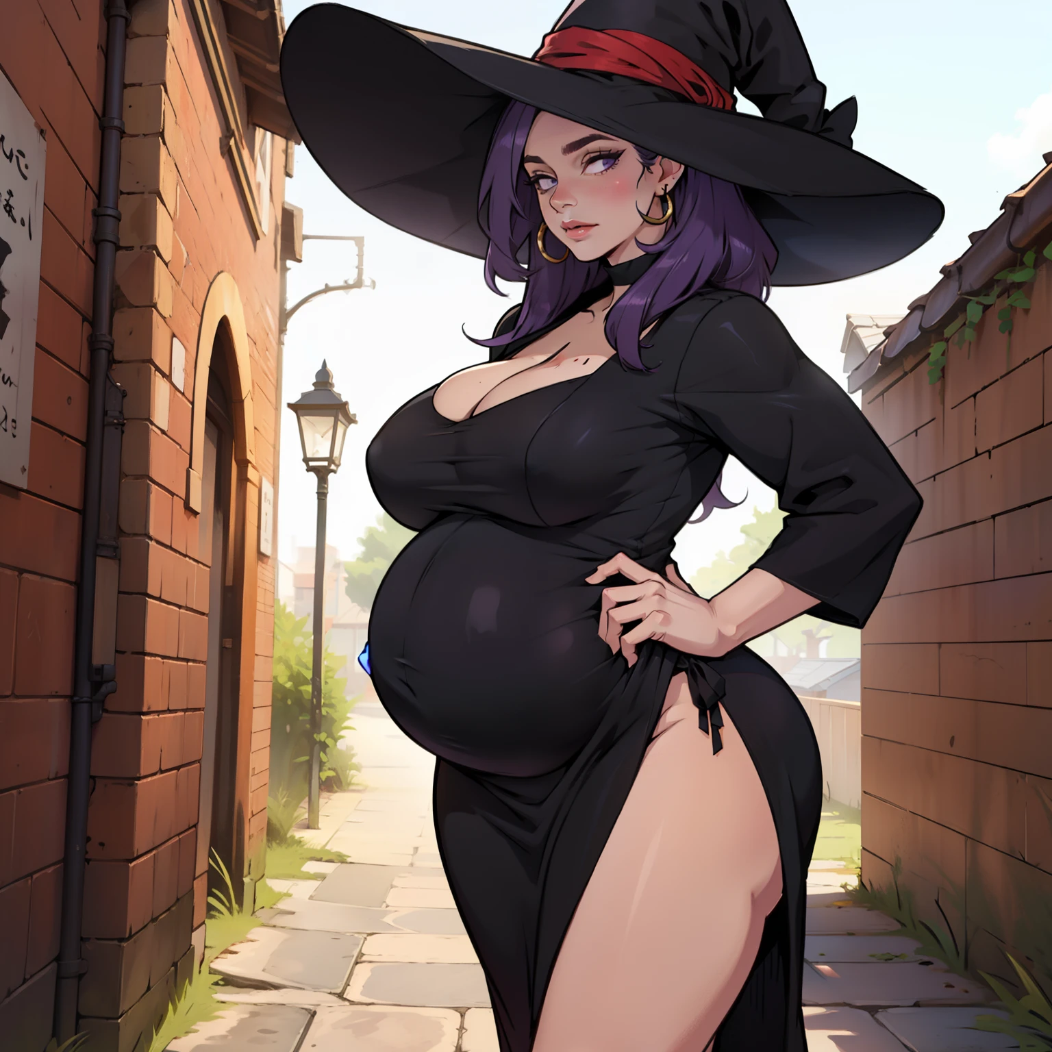 older woman in her 30s pregnant with long purple hair and a tall body covered in a black dress, corpo esguio peituda, seios grandes, bunda magra, olhar misterioso, (obra de arte, Melhor qualidade:1.2) wearing legendary big black dress of mystical sorceress, big witch hat, solo, mulher de 30 anos alta