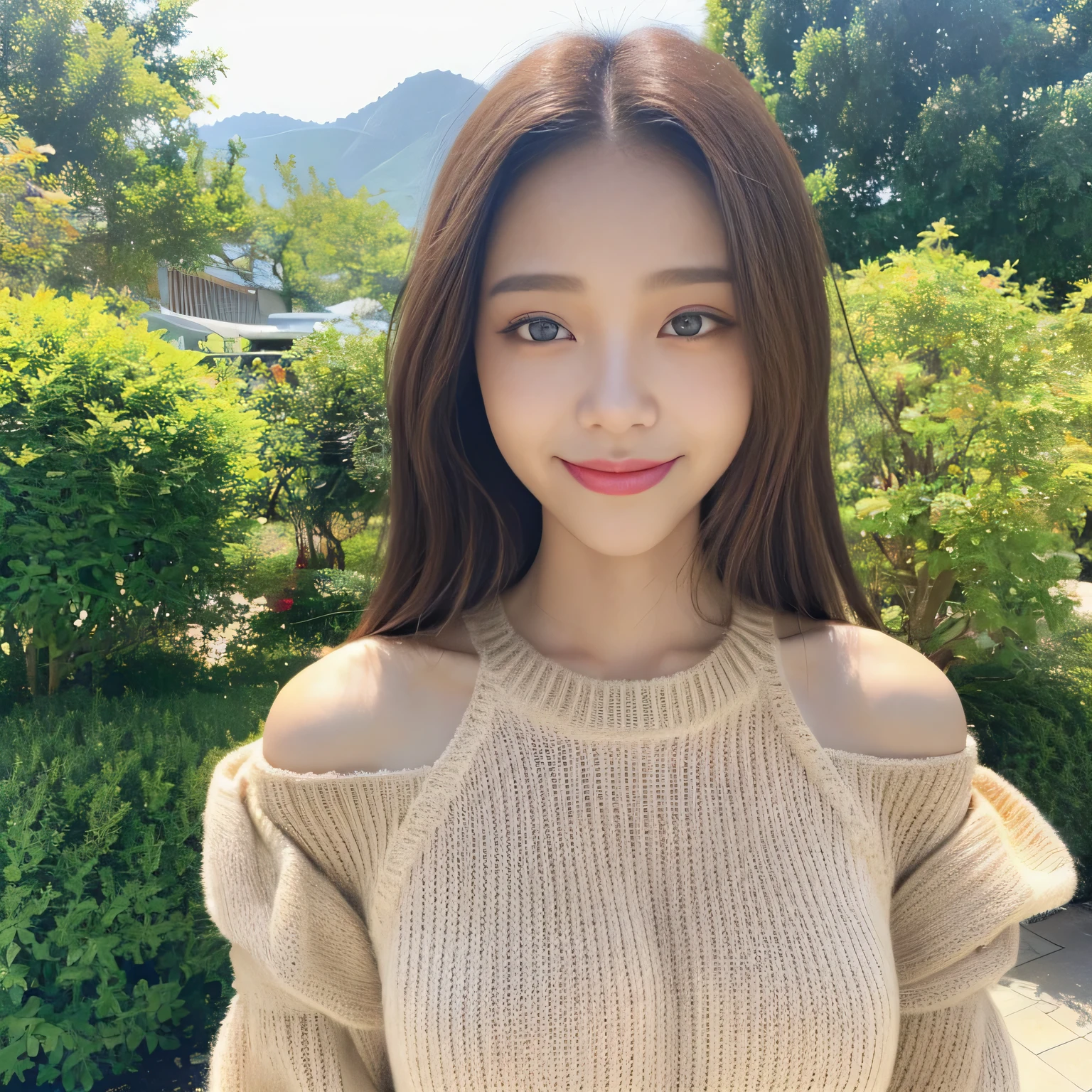((highest quality, 8K, masterpiece:1.3)), concentrated:1.2, perfect body beauty:1.4, buttocks:1.2, ((delicate hair)), (Colorful Solid Cold Shoulder Oversized Sweater、 :1.1) , ((highest quality、8K、masterpiece:1.3))、1 girl、A sloppy smile、Full body Esbian、slim face、big 、Beautiful woman、(dark brown hair)、、1.1、Flickering Valley、detailed eyes、double eyelid、blurred background、超slim face、look down、garden、