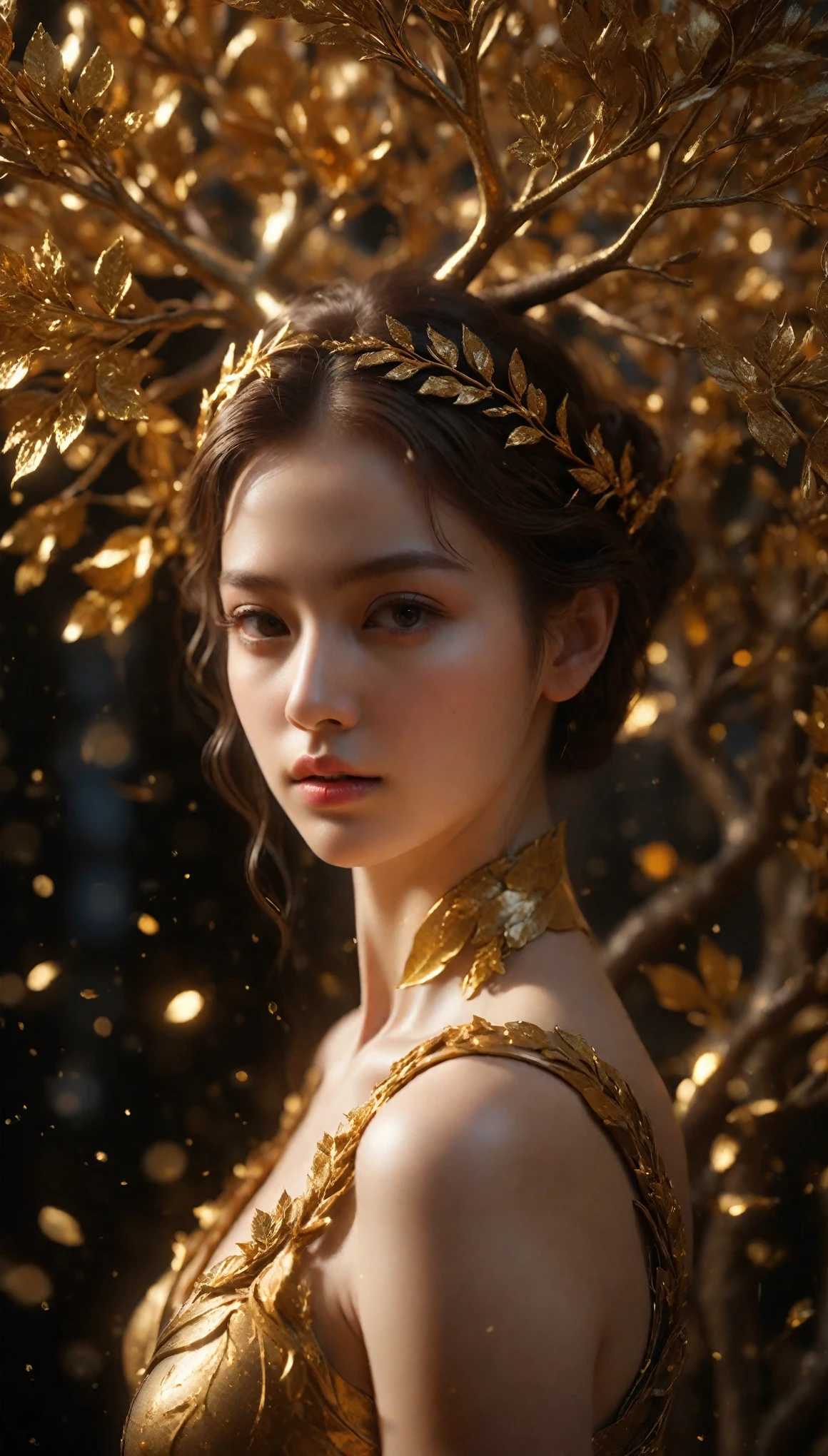 ((Masterpiece in maximum 16K resolution):1.6),((soft_color_photograpy:)1.5), ((Ultra-Detailed):1.4),((Movie-like still images and dynamic angles):1.3). | (cinematic photo of tree sculpture with gold leaf), (gold leaf art), (tree sculpture), (focus on the tree sculpture), (cinematic lens), (exotic sculpture), (luminous object), (majestic atmosphere), (shimmer), (aesthetic background), (visual experience),(Realism), (Realistic),award-winning graphics, dark shot, film grain, extremely detailed, Digital Art, rtx, Unreal Engine, scene concept anti glare effect, All captured with sharp focus. | Rendered in ultra-high definition with UHD and retina quality, this masterpiece ensures anatomical correctness and textured skin with super detail. With a focus on high quality and accuracy, this award-winning portrayal captures every nuance in stunning 16k resolution, immersing viewers in its lifelike depiction. | ((perfect_composition, perfect_design, perfect_layout, perfect_detail, ultra_detailed)), ((enhance_all, fix_everything)), More Detail, Enhance.
